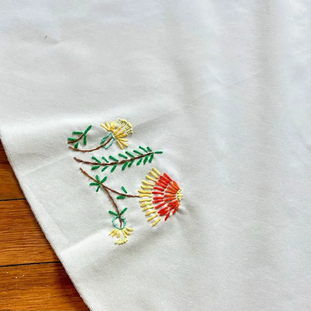 Vintage Embroidered Round Tablecloth, Beige Floral Cotton Blend 58”